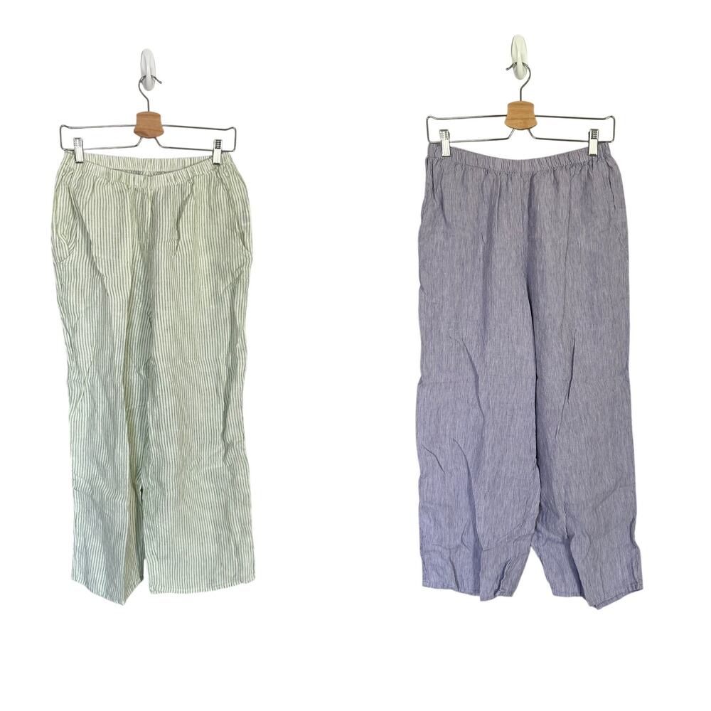 FLAX Lot of 2 100% Linen Elastic Waist Pants Women's S Blue Green White Striped